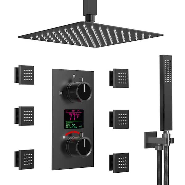 EVERSTEIN LCD Temp&Time Display 3Spray 12 in. Black Ceiling Mount Shower System with Shower
