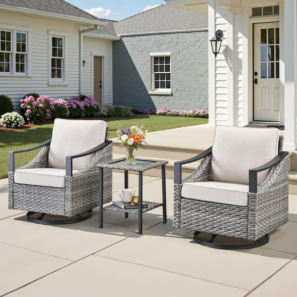 Buenaola Nyajiah 3-Piece Gray Wicker Outdoor Rocking Chair with Beige Cushions