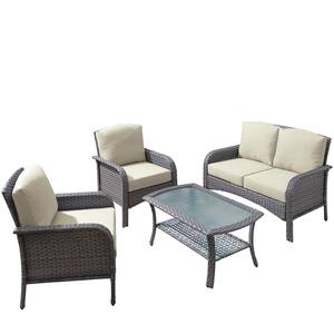 Denali Gray 4-Piece 4-Seat Wicker Modern Outdoor Patio Conversation Sofa Seating Set with Beige Cushions