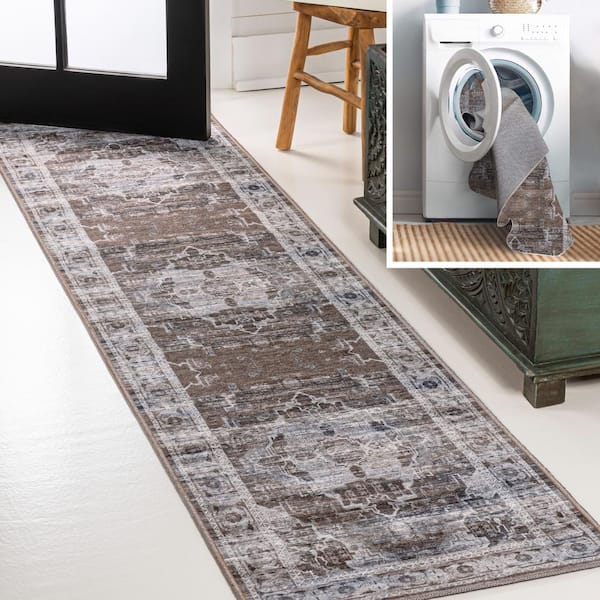 Alanya Ornate Medallion Machine-Washable Brown/Light Gray 2 ft. x 8 ft. Runner Rug