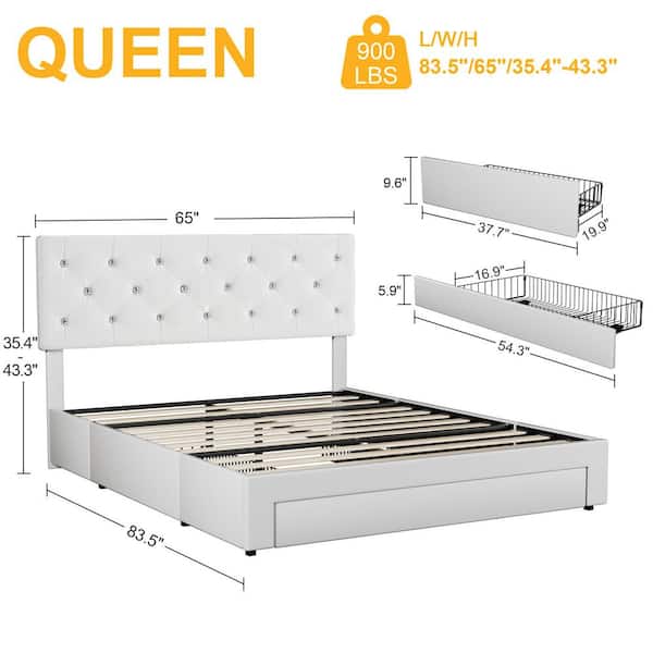 Upholstered Bed with Storage-3 Drawers, White Metal Frame Queen Platform Bed with Faux Leather Tufted Headboard
