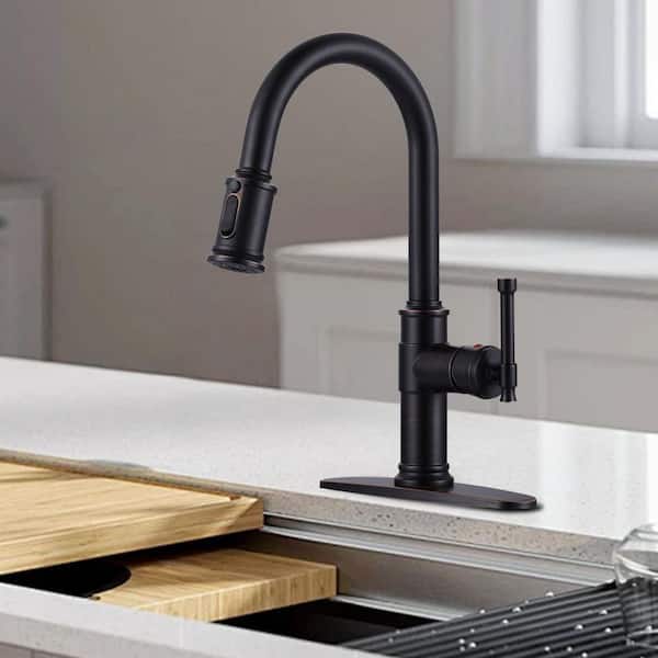 High-Arc Single Handle Pull Down Sprayer Kitchen Faucet Stainless Steel with Power Clean in Oil Rubbed Bronze