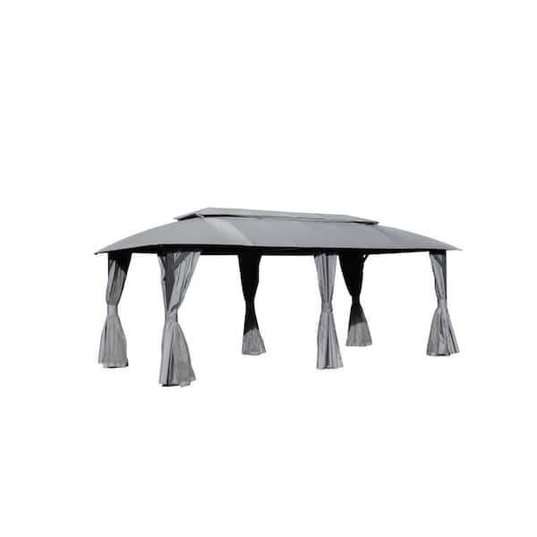 Unbranded 10 ft. x 20 ft. Grey Metal Gazebo Party Tent with Double Roofs, Curtains, Mosquito Nettings for Patio, Backyard, Lawn