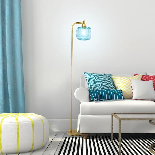 Elaine 62.75 in. Brushed Gold-Colored 1-Light Arc Floor Lamp with Blue Ribbed Glass Shade