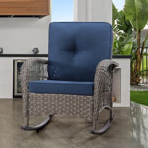 Wicker Outdoor Rocking Chair Patio with Blue Cushion (1-Pack)
