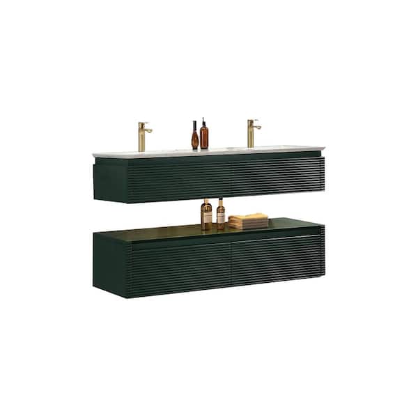 Modland Wilton 60 in. W x 20.8in. D x 19.6 in. H Floating Bathroom Vanity Set in Green with White Double Undermount Basins