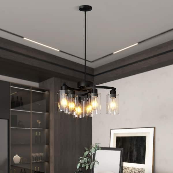28 in. 6-Light Luxury Black Glass Chandelier Large Ceiling Lighting, Living Room Dining Room Bedroom Clear Glass Shade