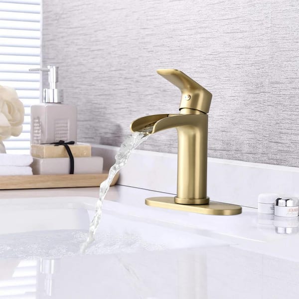 Unbranded 1-Handle 1 or 3 Hole Waterfall Bathroom Faucet Brass Vanity Faucet with Deck and Overflow Pop Up Drain in Brushed Gold