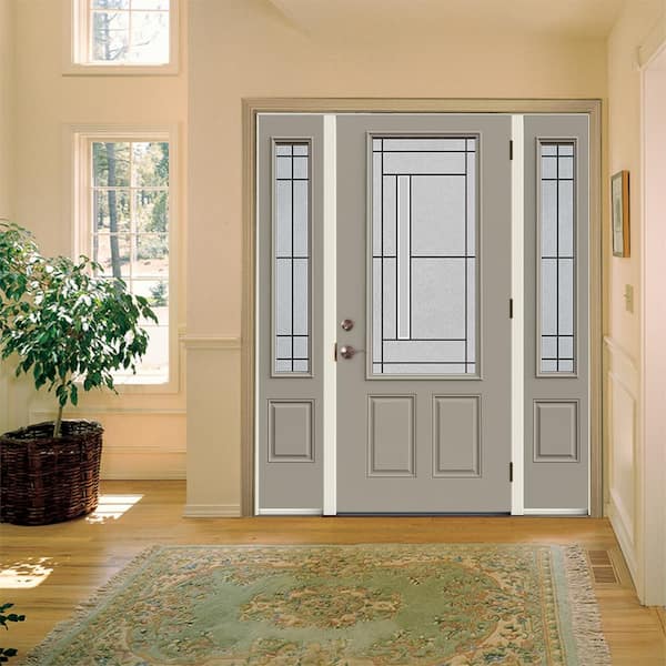 60 in. x 80 in. Left-Hand/Inswing 3/4 Lite Atherton Decorative Glass Desert Sand Steel Prehung Front Door w/Sidelites