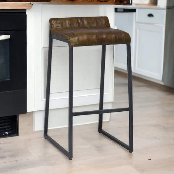 HomeRoots 27 in. Brown and Black Backless Metal Counter Height Bar Chair with Metal Seat