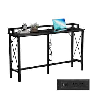 Narrow Charging Station 55.1 in. Gray Rectangle Wood Console Table with Outlet and USB Ports, Entryway Table Side Table