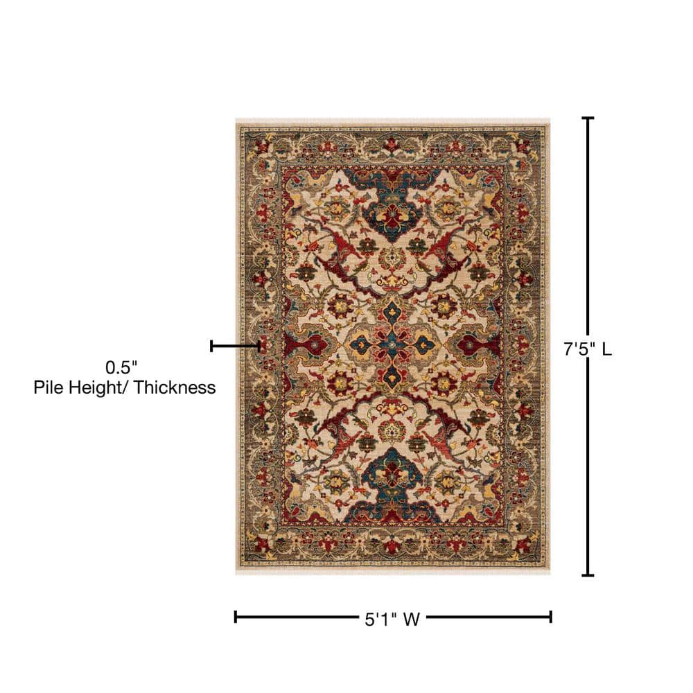 Ivory and Taupe Floral Synthetic Low Pile Area Rug