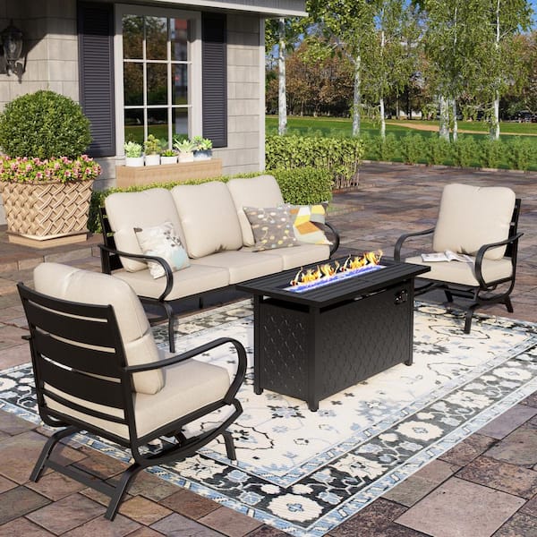 PHI VILLA Black Metal Slatted 5 Seat 4-Piece Steel Outdoor Fire Pit Patio Set with Beige Cushions and Rectangular Fire Pit Table