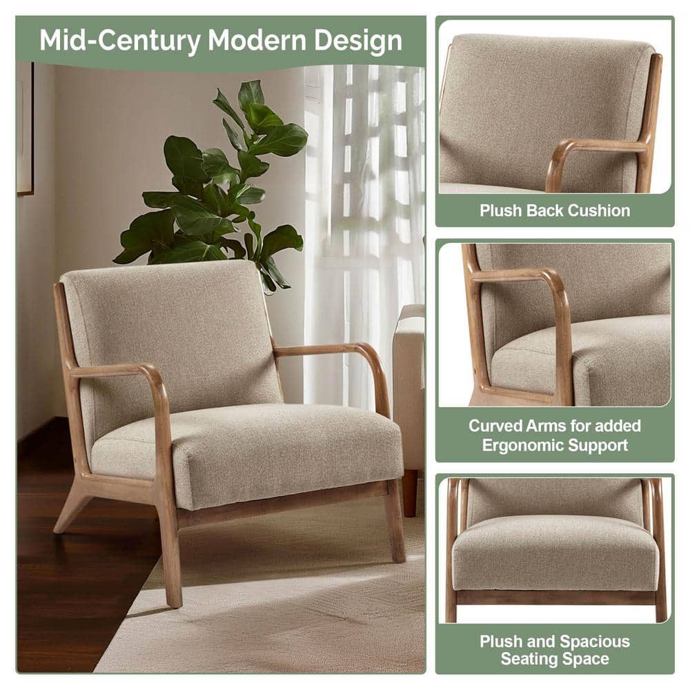 Taupe Upholstered Elm Wood Mid-Century Lounge Chair
