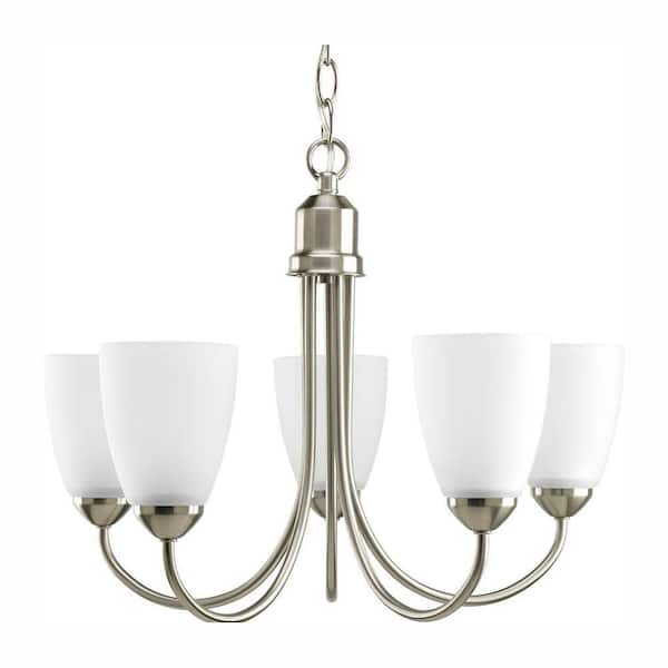 Progress Lighting Gather Collection 5-Light Brushed Nickel Chandelier with Etched Glass