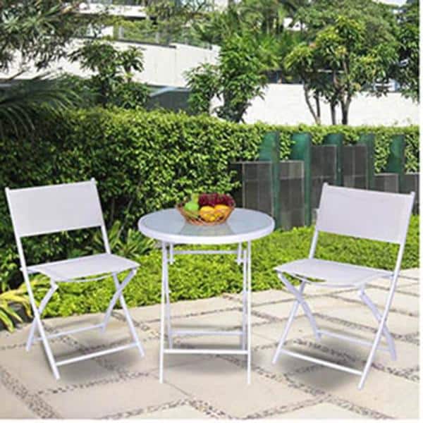 Costway 3 Piece Folding Metal Outdoor Patio Bistro Table Chair Sets In White Ghm0036wh - Outdoor Patio Bistro Table And Chairs