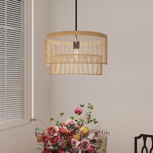 60-Watt 1-Light Brown Shaded Pendant Light with Rattan Shade, No Bulbs Included