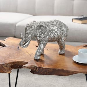 9 in. Silver Polystone Engraved Floral Elephant Sculpture