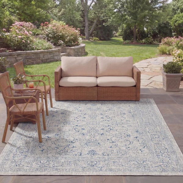 Courtyard Gray/Navy 8 ft. x 11 ft. Border Indoor/Outdoor Patio  Area Rug