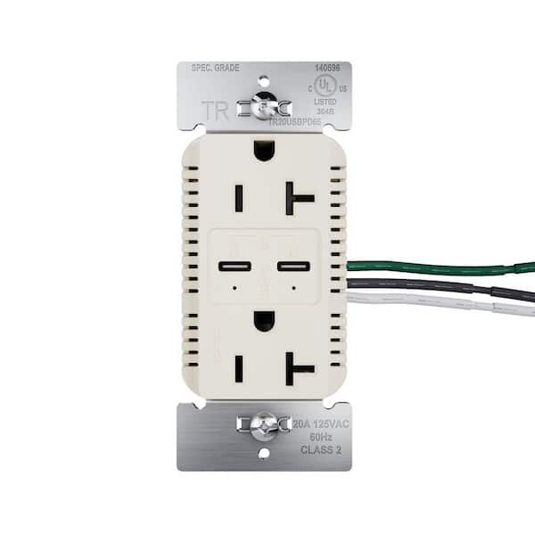 20A Tamper Resistant 65W Commercial Grade Power Delivery USB Type C Duplex Outlet Light Almond