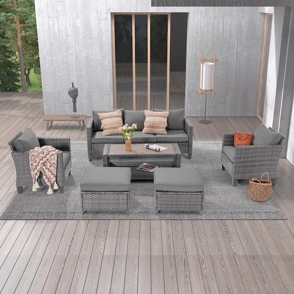 JOYESERY 6-Piece Gray Wicker Outdoor Conversation Seating Sofa Set with Coffee Table, Gray Cushions