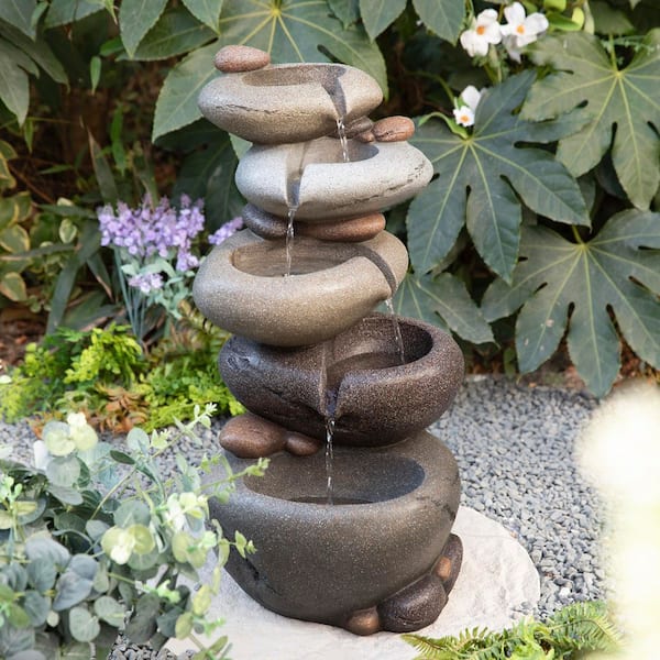 24.5 in. H 5-Tiered Zen Style Stacked Pebbles Polyresin Outdoor Fountain with Pump and LED Light