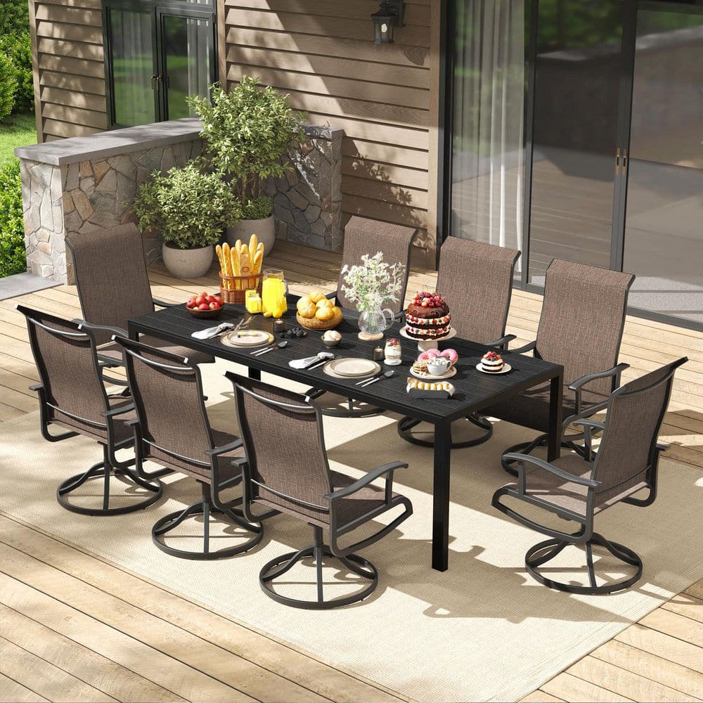 9-Piece Metal Outdoor Dining Set with 8 Brown Swivel Patio Chairs and Rectangular Table, Patio Dining Table Set for 8