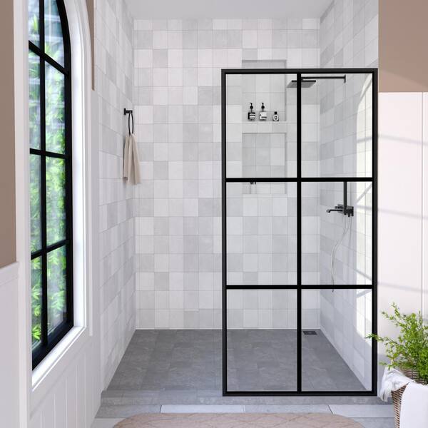 Hilma 34 in. W x 72 in. H Fixed Framed Shower Door in Matte Black Finish with Patterned Glass