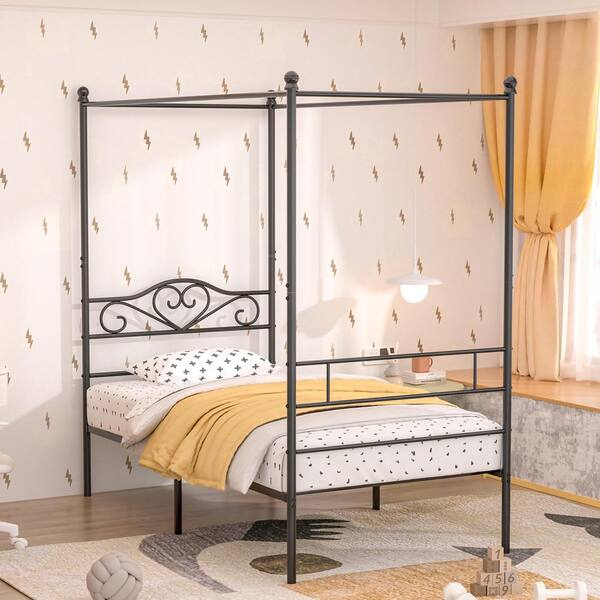 VECELO Metal Canopy Bed Frame, Black Twin Size with Headboard, Heavy Duty Steel Slats, No Box Spring Needed (Style 2)