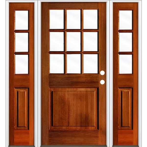 Krosswood Doors 64 in. x 80 in. Farmhouse 9-Lite Clear Glass Left Hand Red Chestnut Stain Hemlock Wood Prehung Front Door w/ DSL