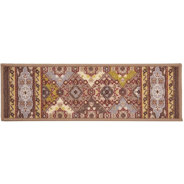 Indoor Bakhtiari Design Taupe 8-1/2 in. x 26 in. Slip Resistant Backing Stair Tread Cover (Set of 3)