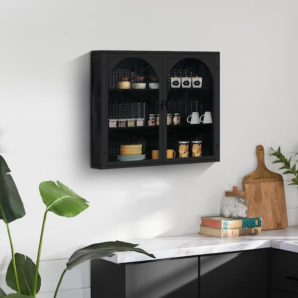 Modern 3-Tier Glass Door Wall Cabinet with Woven Pattern, Ideal for Multiple Rooms-Black