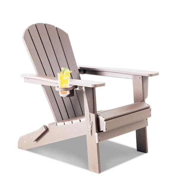 JUSKYS 1-Piece Wood Brown Folding Composite Outdoor Patio Adirondack Chair Cup Holder for Garden/Backyard/Fire Pit Pool Apt