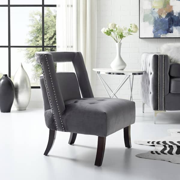 Inspired Home Salvador Grey Velvet Button Tufted Armless Slipper Chair with Open Back Style