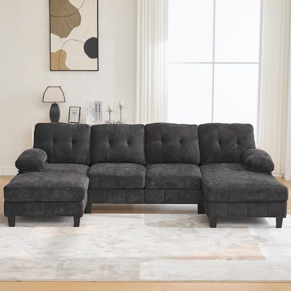 Harper & Bright Designs 103.5 in. W Big Pillow Top Armrest Chenille U-Shaped Sectional Sofa in Black with Side Pockets, Strong Legs