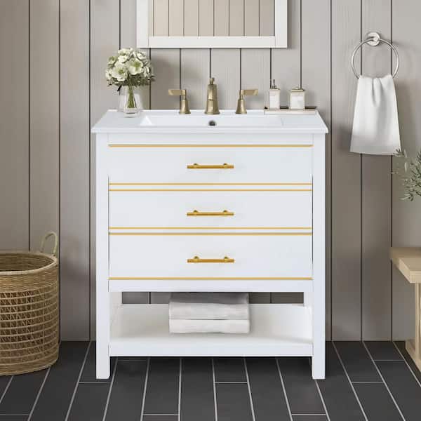 Unbranded 30 in. W x 18 in. D x 34 in. H Freestanding Bath Vanity in White with White Ceramic Top with Open Storage, 2-Drawers