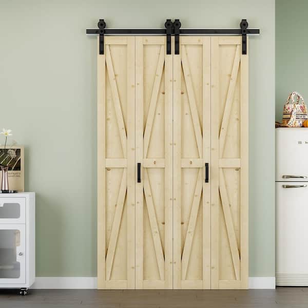 50 in. x 84 in. Paneled Pine Wood Solid Core Unfinished K Shape Composite Bi-fold Door with Bifold Barn Door Hardware