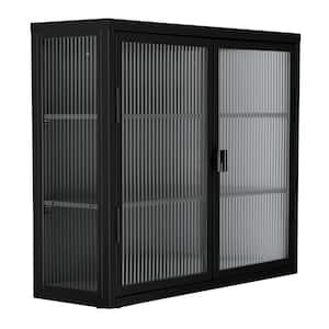 27.6 in. W x 9.1 in. D x 23.6 in. H Bathroom Storage Wall Cabinet in Black Retro Style Double Glass Door Wall Cabinet