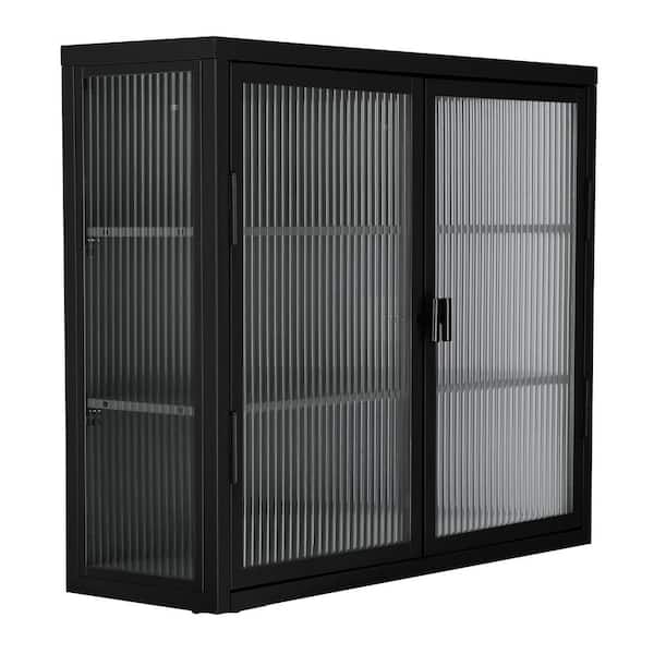 Unbranded 27.6 in. W x 9.1 in. D x 23.6 in. H Bathroom Storage Wall Cabinet in Black Retro Style Double Glass Door Wall Cabinet