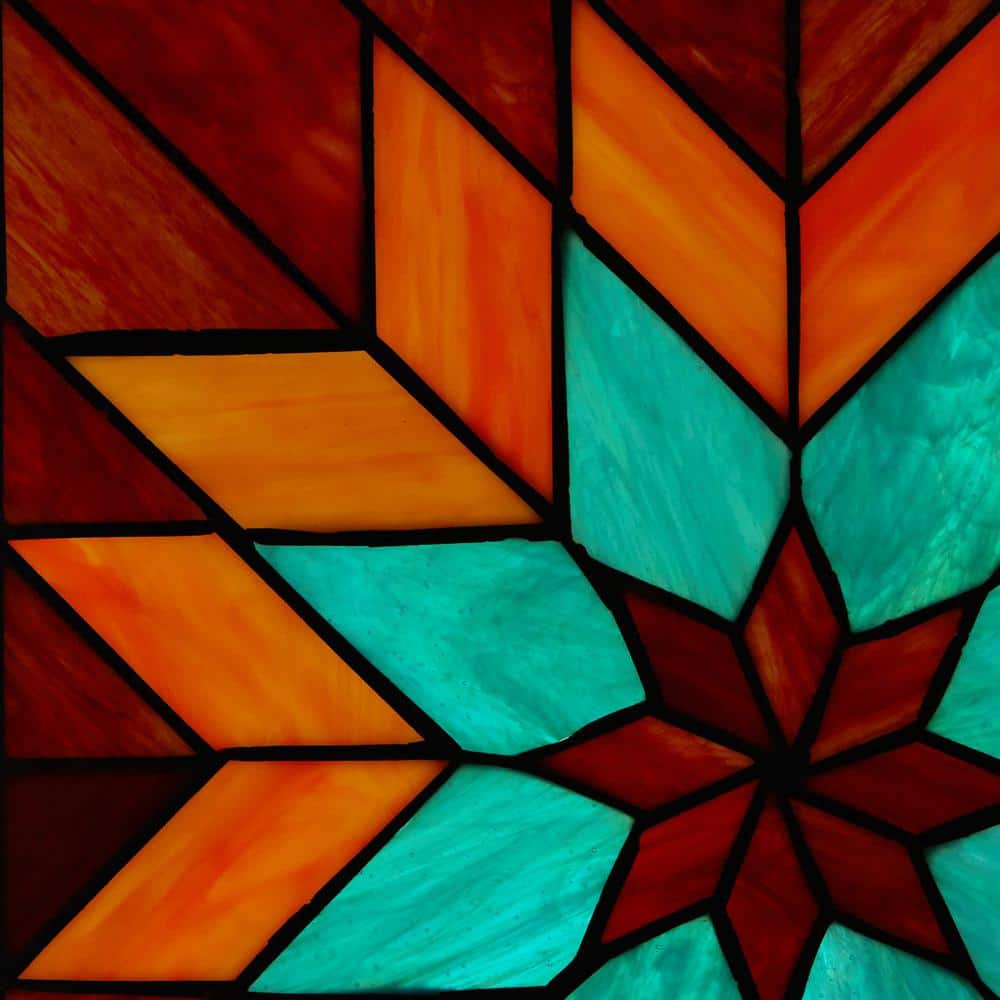 Bold Geometric Floral Stained Glass Window Panel in Red, Teal, and Orange