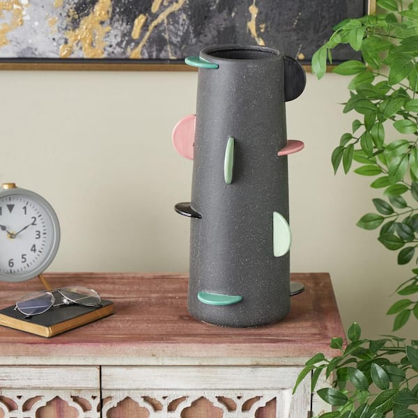Litton Lane 16 in. Black Textured Ceramic Round Decorative Vase with Multicolor Half-Moon Accents