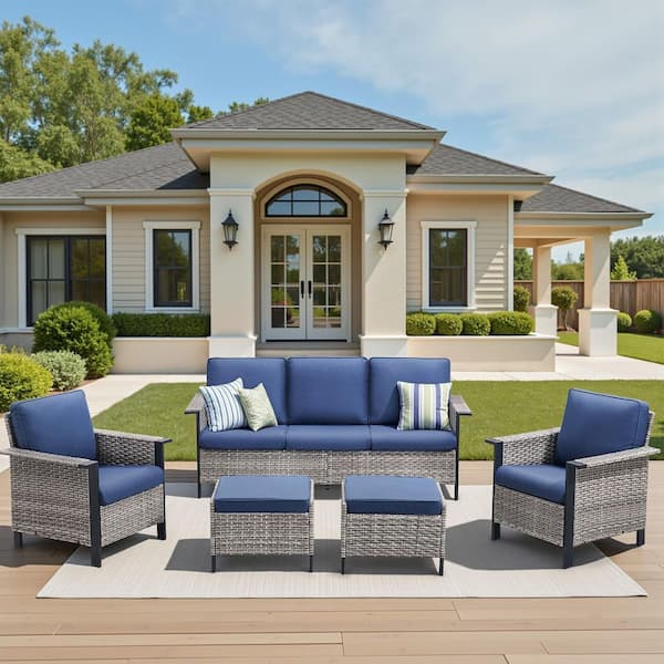 5-Piece Gray Wicker Patio Conversation Sets with Ottomans, Outdoor Sofa Couch Seating Set with Blue Cushions