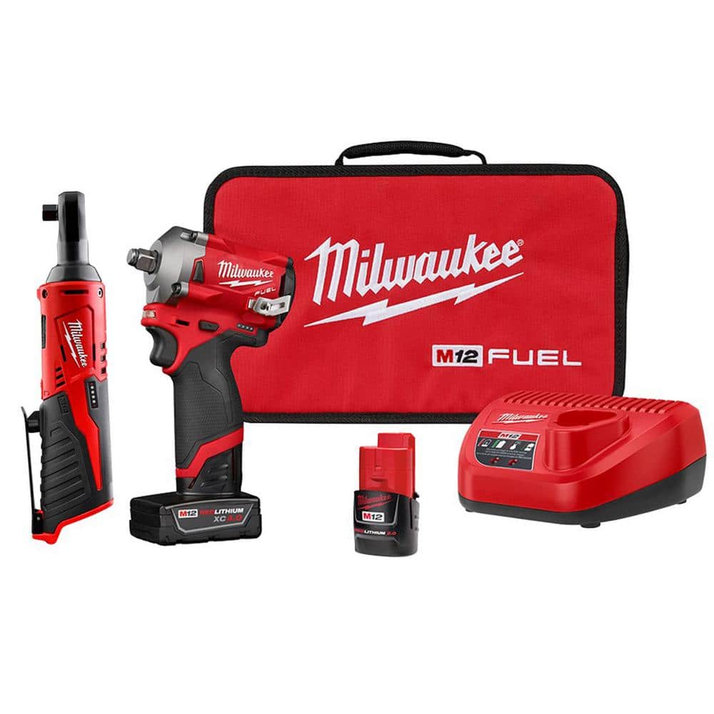 Milwaukee M12 FUEL 12V Lithium-Ion Brushless Cordless Stubby 1/2 in. Impact  Wrench Kit with M12 3/8 in. Ratchet 2555-22-2457-20 - The Home Depot