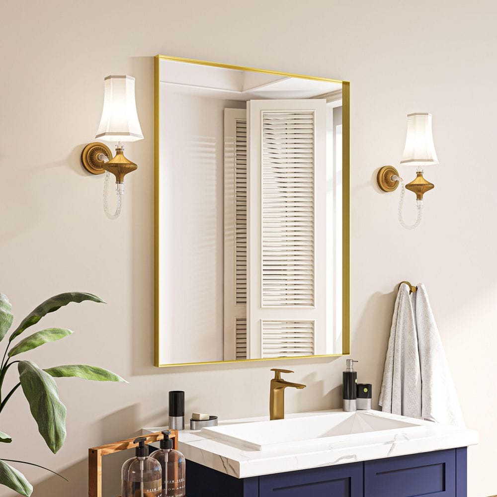 28 in. W x 36 in. H Rectangular Aluminum Framed Wall Bathroom Vanity Mirror in Brushed Gold price history on PriceWatchPro