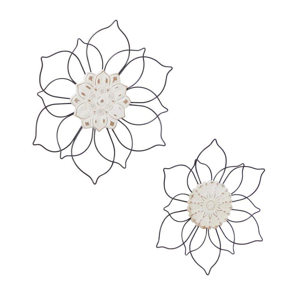 Elegant Black Metal and Wood Floral Wall Decor Set of 2