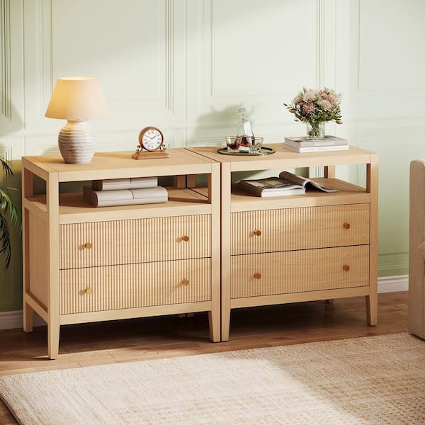 Fenley Oak 2-Drawer 29.52 in. W Nightstands, Wood Bedside Table Modern Nightstands with Storage for Bedroom, 2PCS