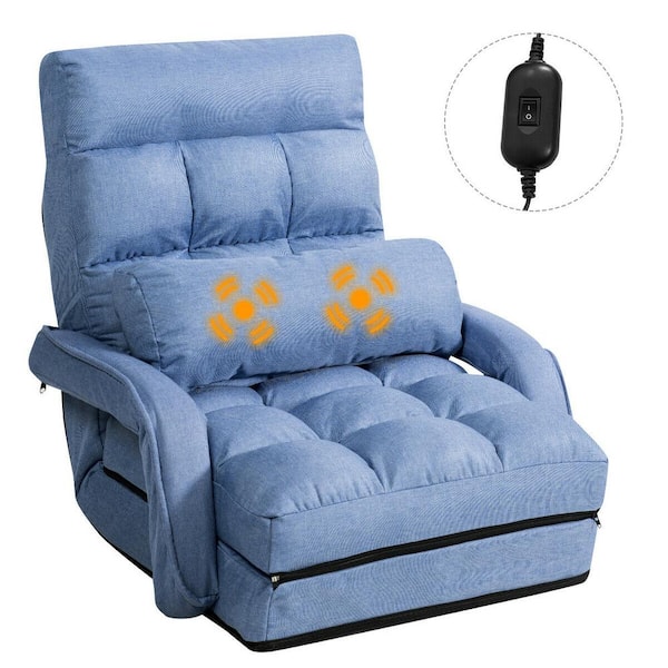 FORCLOVER Blue Linen Folding Floor Massage Chair with Armrest and Pillow