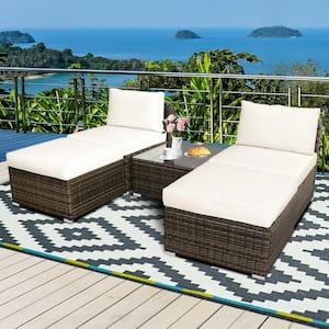5-Piece Brown Wicker Patio Conversation Set with Beige Cushions
