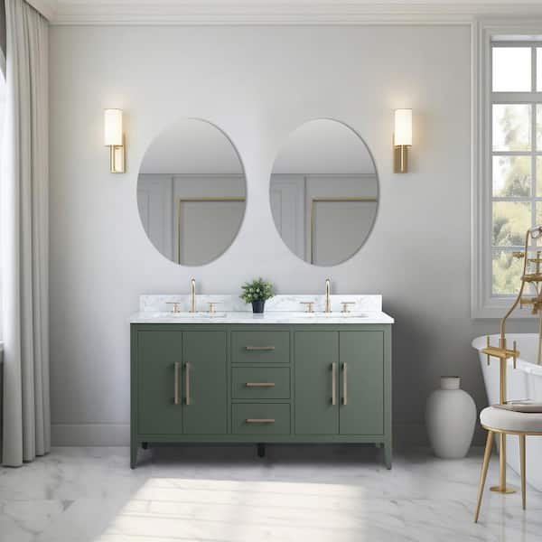 Vanity Art 60 in. W x 22 in. D x 34 in. H Double Sink Bathroom Vanity Cabinet in Vintage Green with Engineered Marble Top in White