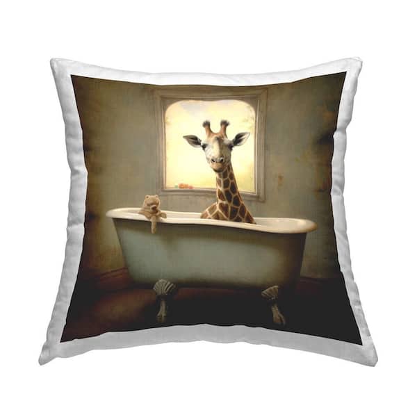 Stupell Industries Rustic Bathing Giraffe Brown Print Polyester 18 in. x 18 in. Throw Pillow